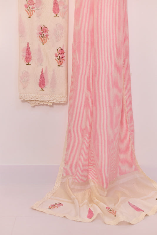 Block Print Resham Thread Embroidered Yoke Unstitched Suit Set
