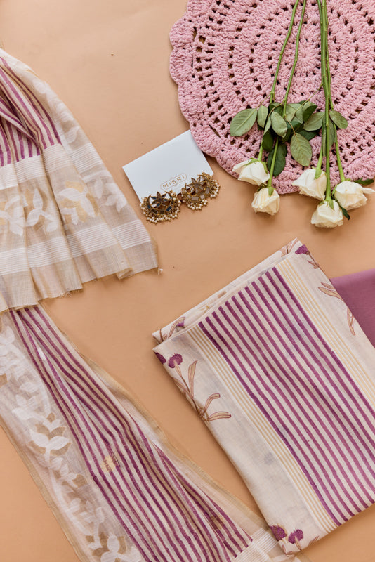 Stripes Block Print Yoke Unstiched Suit Set
