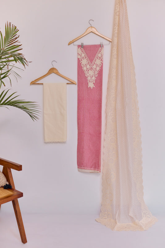 Stripes Block Print Resham Yoke Unstiched Suit Set