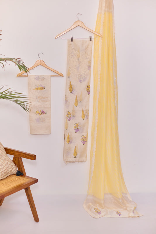 Block Print Resham Thread Embroidered Yoke Unstitched Suit Set