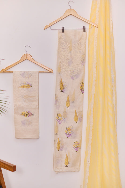 Block Print Resham Thread Embroidered Yoke Unstitched Suit Set