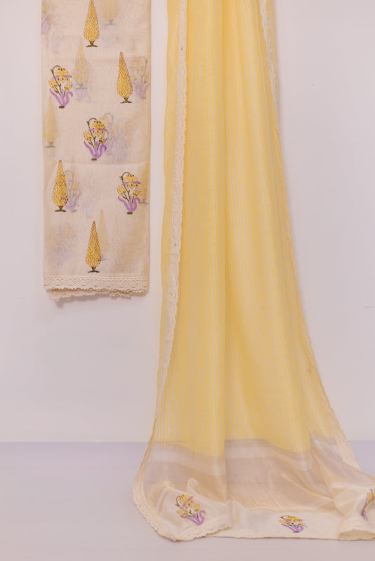 Block Print Resham Thread Embroidered Yoke Unstitched Suit Set