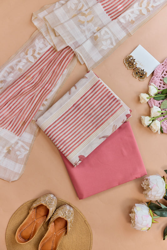 Stripes Block Print Yoke Unstiched Suit Set