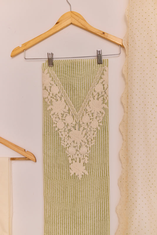 Stripes Block Print Resham Yoke Unstiched Suit Set