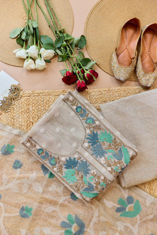 Thread and Zari Embroidered Yoke Unstitched Suit Set