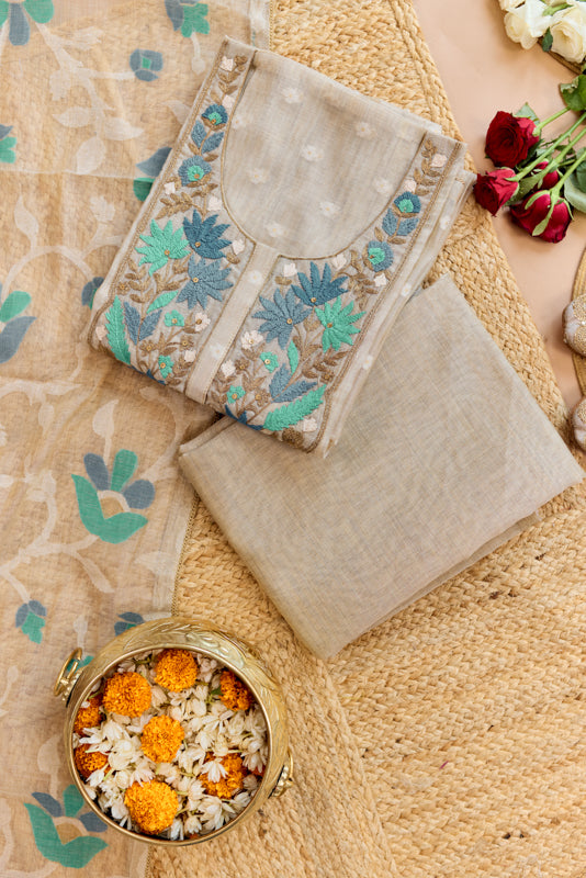 Thread and Zari Embroidered Yoke Unstitched Suit Set