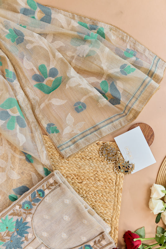Thread and Zari Embroidered Yoke Unstitched Suit Set