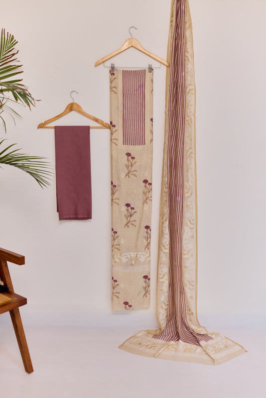 Stripes Block Print Yoke Unstiched Suit Set
