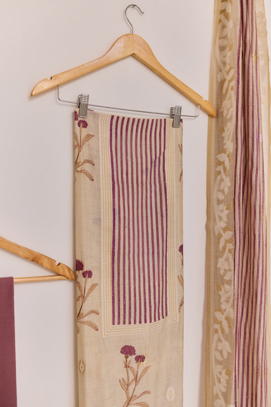 Stripes Block Print Yoke Unstiched Suit Set