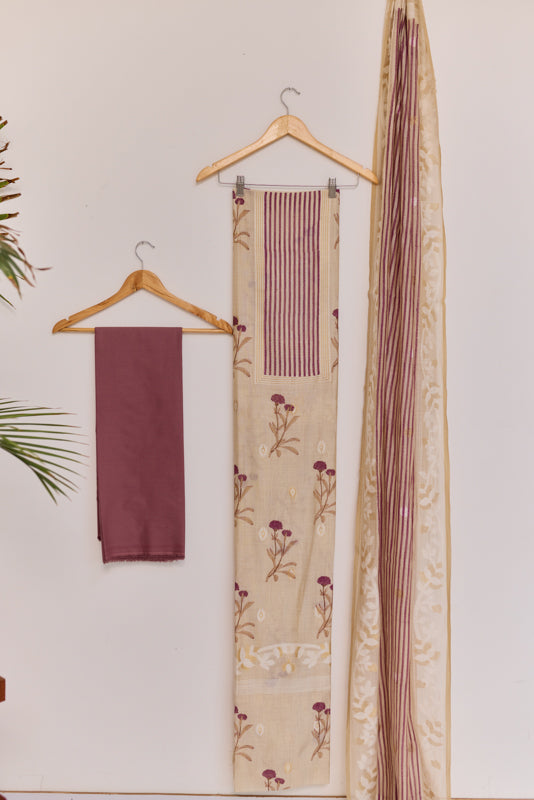 Stripes Block Print Yoke Unstiched Suit Set