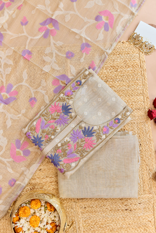 Thread and Zari Embroidered Yoke Unstitched Suit Set