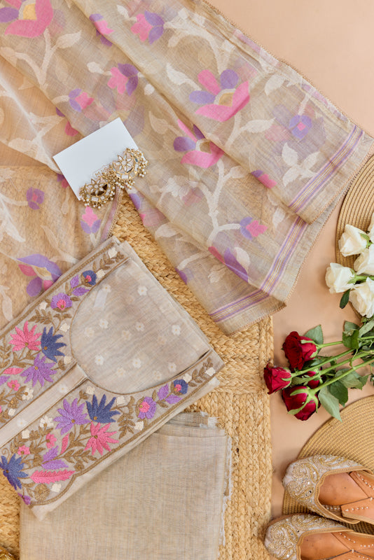 Thread and Zari Embroidered Yoke Unstitched Suit Set