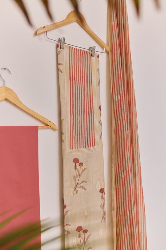 Stripes Block Print Yoke Unstiched Suit Set
