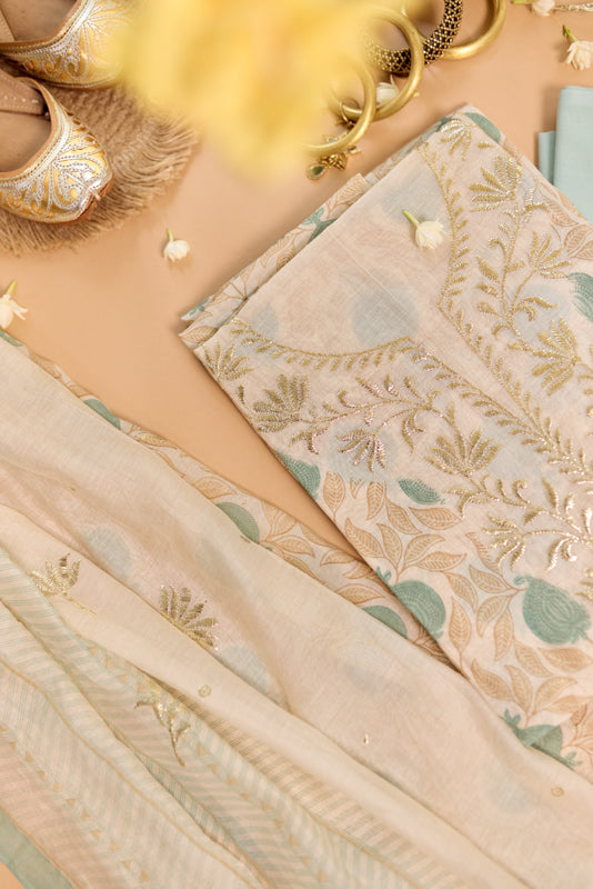 Block Print Foil Embroidery Unstitched Suit Set