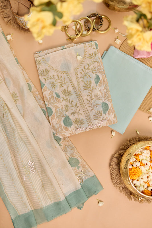 Block Print Foil Embroidery Unstitched Suit Set