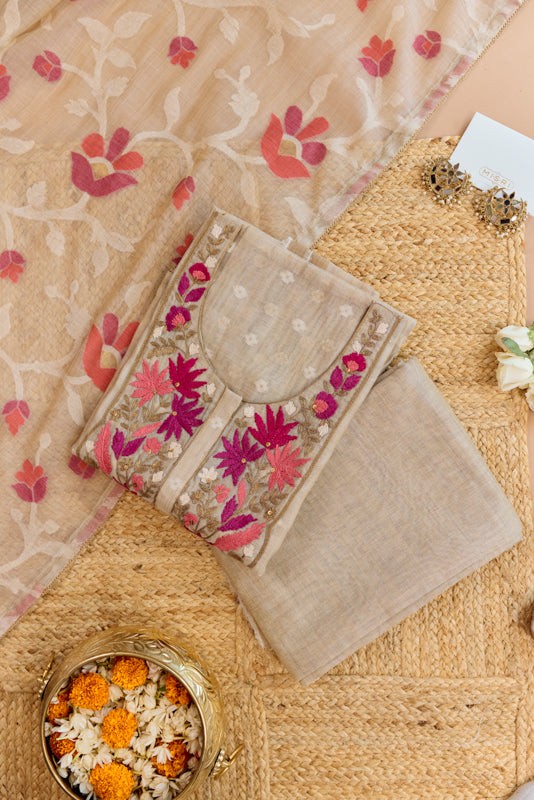 Thread and Zari Embroidered Yoke Unstitched Suit Set