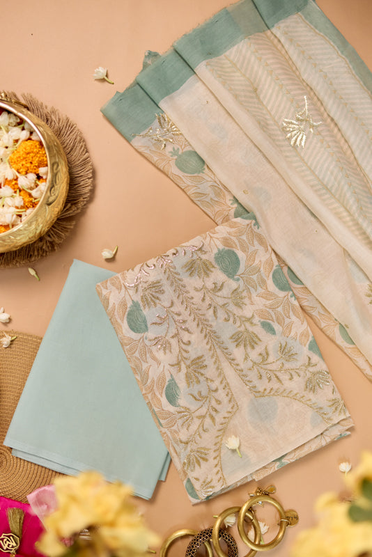 Block Print Foil Embroidery Unstitched Suit Set