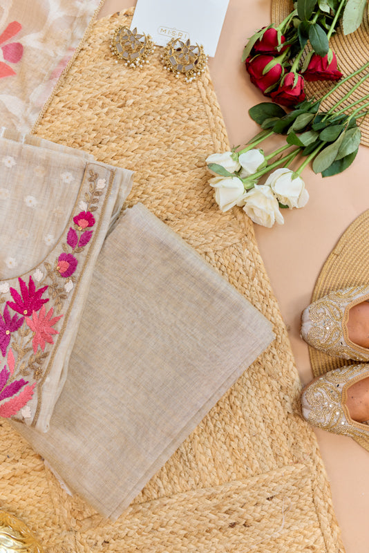 Thread and Zari Embroidered Yoke Unstitched Suit Set