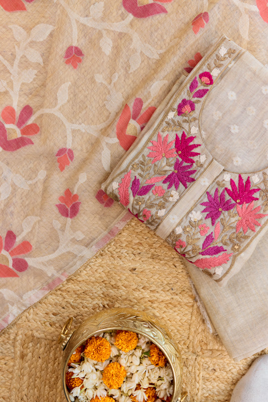 Thread and Zari Embroidered Yoke Unstitched Suit Set