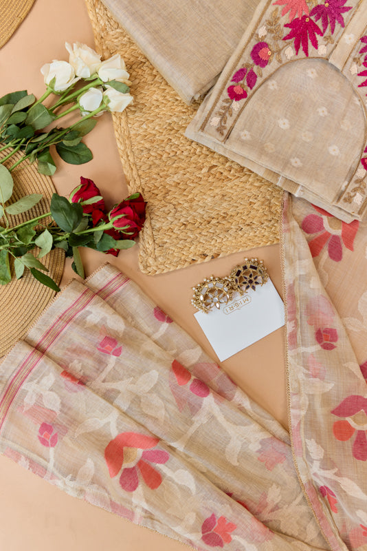 Thread and Zari Embroidered Yoke Unstitched Suit Set