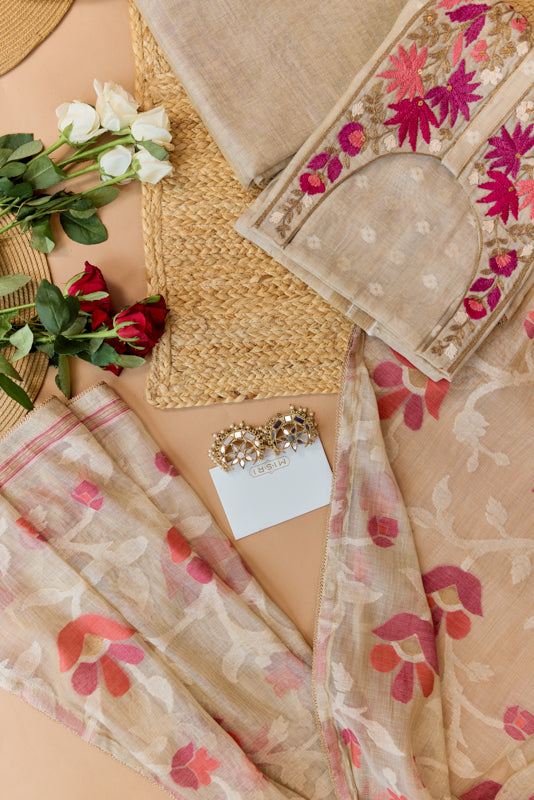 Thread and Zari Embroidered Yoke Unstitched Suit Set