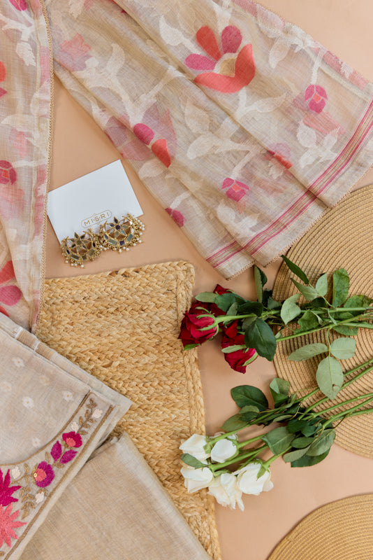 Thread and Zari Embroidered Yoke Unstitched Suit Set