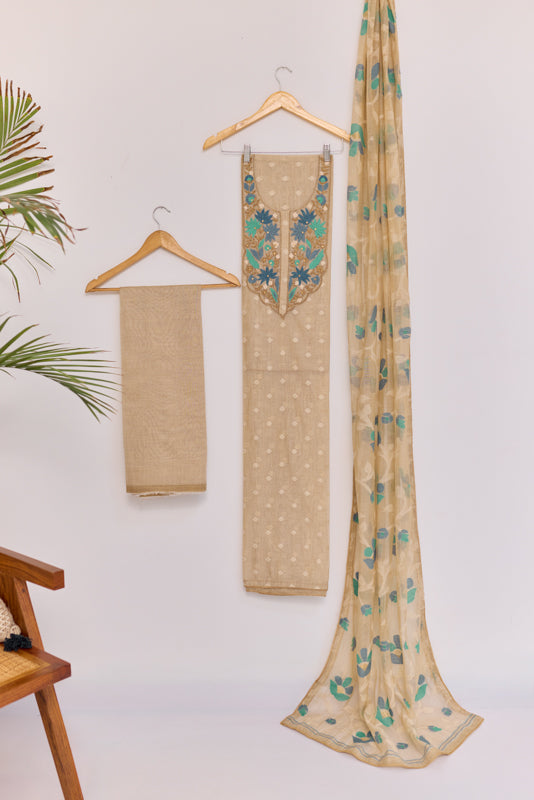 Thread and Zari Embroidered Yoke Unstitched Suit Set