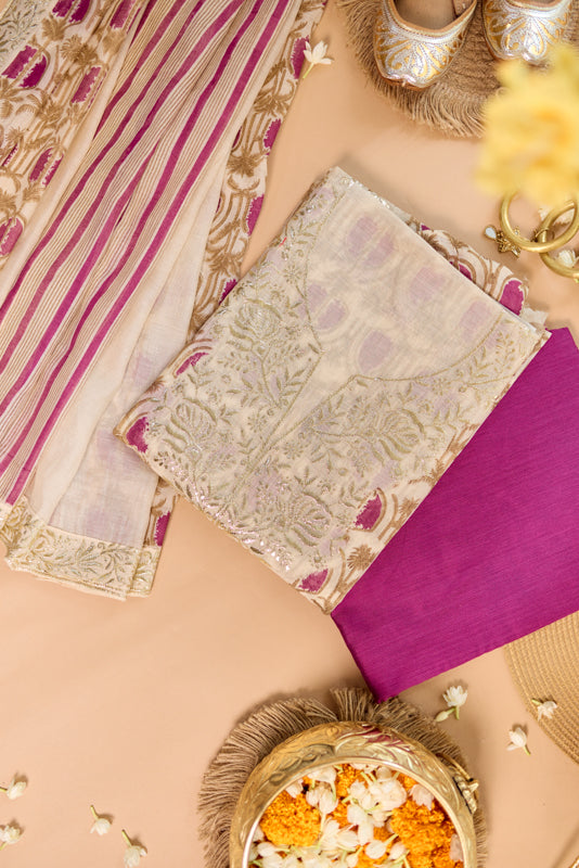 Block Print Foil Embroidery Unstitched Suit Set