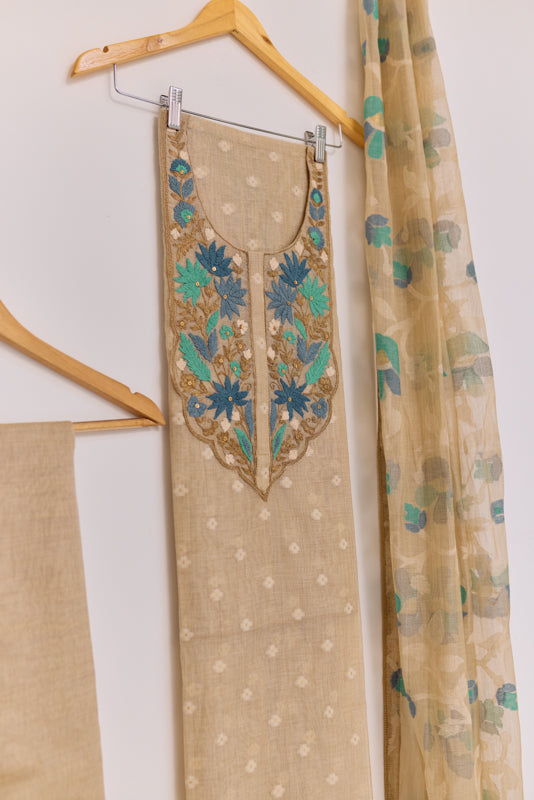 Thread and Zari Embroidered Yoke Unstitched Suit Set