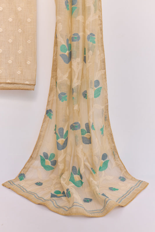 Thread and Zari Embroidered Yoke Unstitched Suit Set