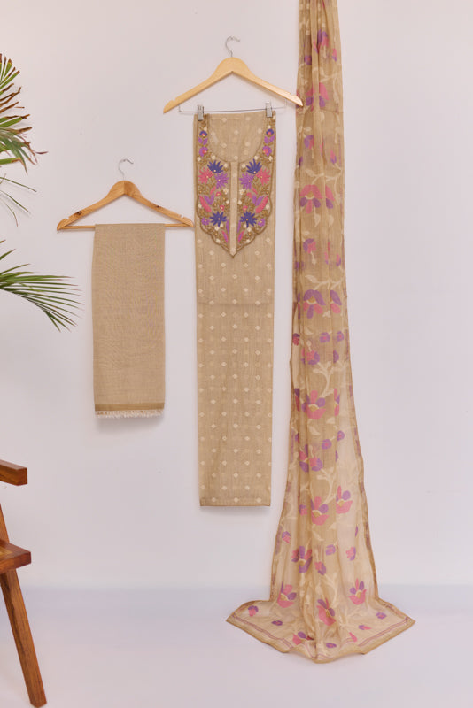 Thread and Zari Embroidered Yoke Unstitched Suit Set