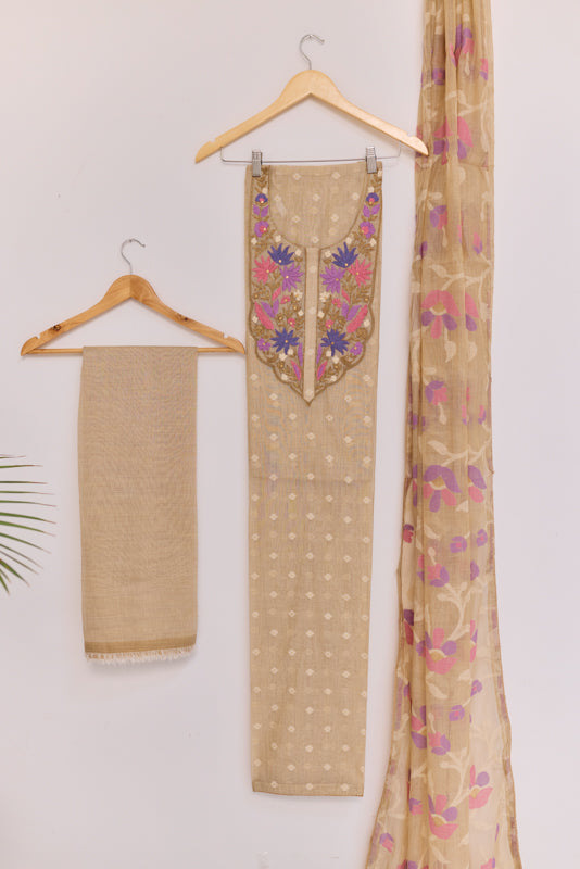 Thread and Zari Embroidered Yoke Unstitched Suit Set