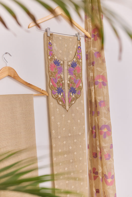 Thread and Zari Embroidered Yoke Unstitched Suit Set