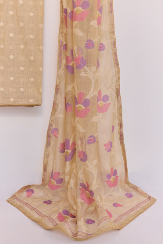 Thread and Zari Embroidered Yoke Unstitched Suit Set