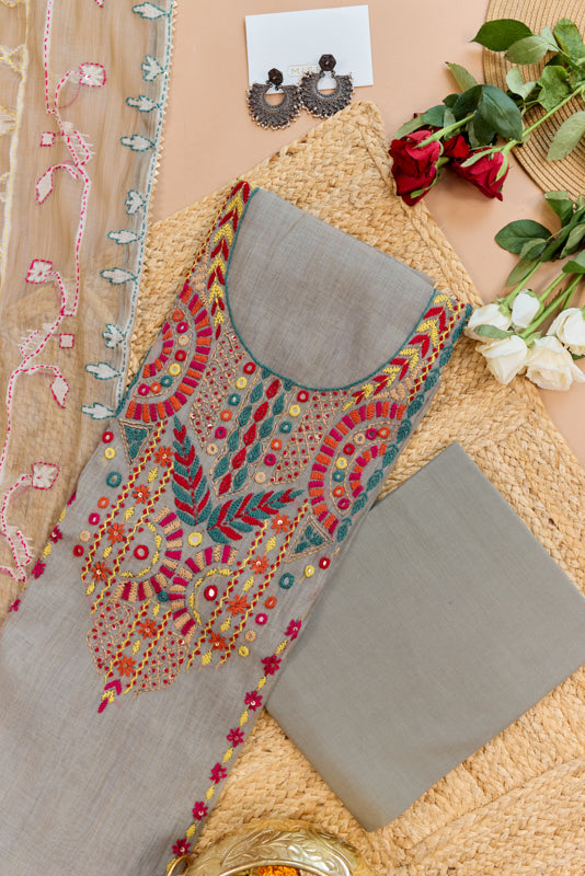 Jamdani Thread &amp; Mirror Hand Embroidered Yoke Unstitched Suit Set