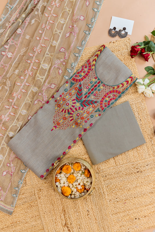 Jamdani Thread &amp; Mirror Hand Embroidered Yoke Unstitched Suit Set