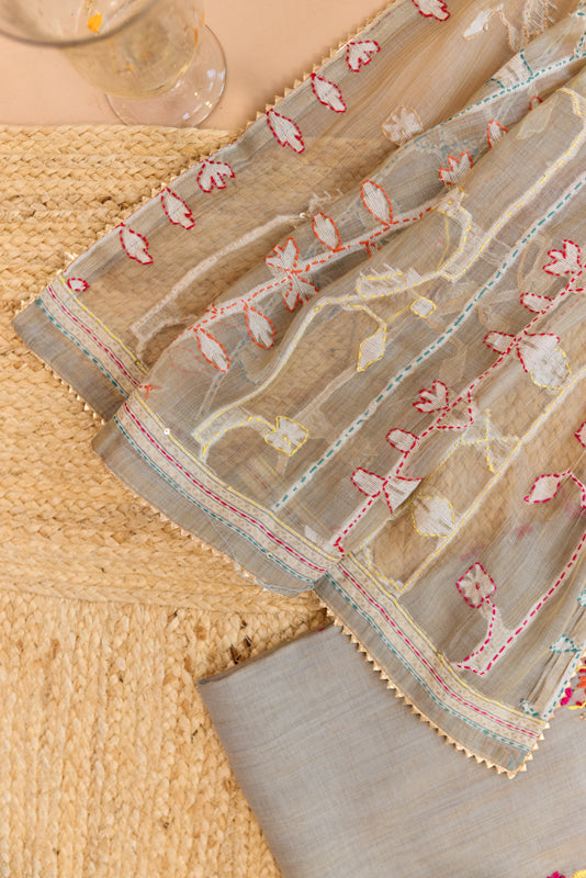 Jamdani Thread &amp; Mirror Hand Embroidered Yoke Unstitched Suit Set