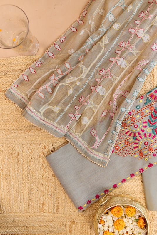 Jamdani Thread &amp; Mirror Hand Embroidered Yoke Unstitched Suit Set