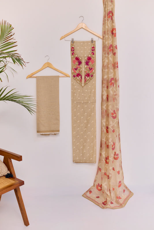 Thread and Zari Embroidered Yoke Unstitched Suit Set