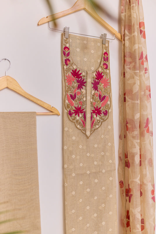 Thread and Zari Embroidered Yoke Unstitched Suit Set