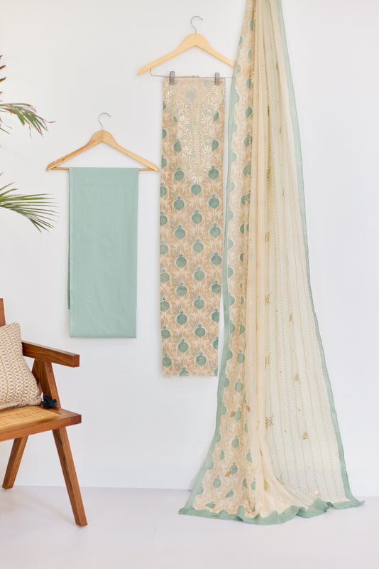 Block Print Foil Embroidery Unstitched Suit Set