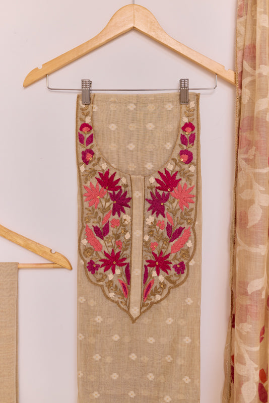 Thread and Zari Embroidered Yoke Unstitched Suit Set