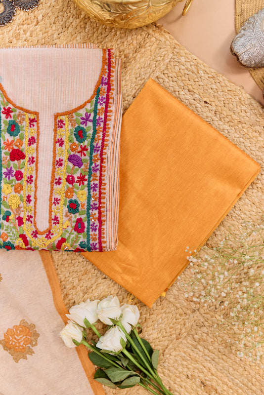 Block Print Multi Resham Hand Embroidered Yoke Unstitched Suit Set