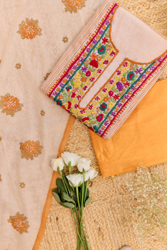 Block Print Multi Resham Hand Embroidered Yoke Unstitched Suit Set