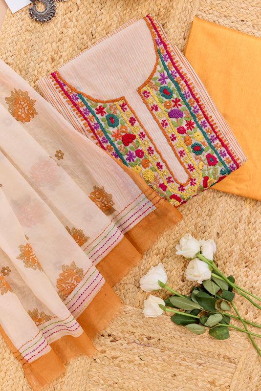 Block Print Multi Resham Hand Embroidered Yoke Unstitched Suit Set