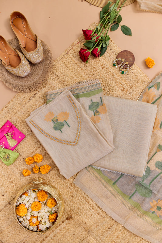 Jamdani Weaving Resham and Sequin Neck Unstitched Suit Set