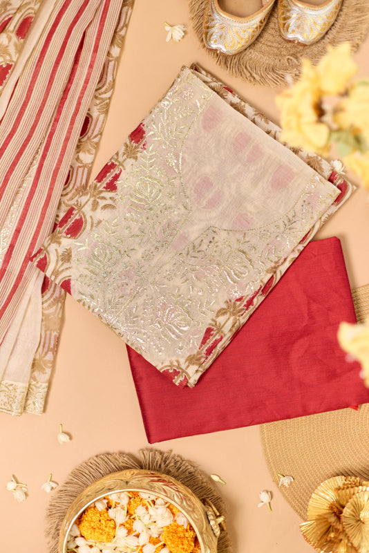 Block Print Foil Embroidery Unstitched Suit Set