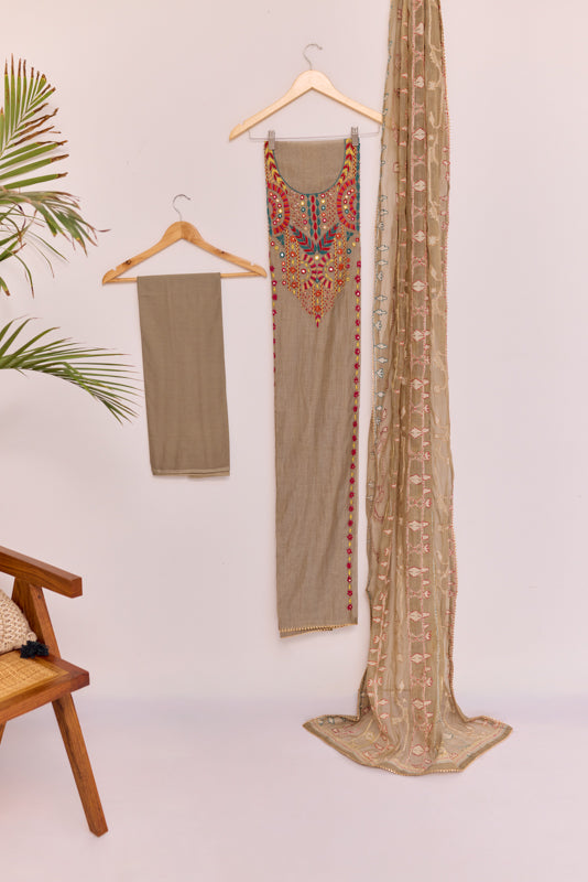 Jamdani Thread &amp; Mirror Hand Embroidered Yoke Unstitched Suit Set