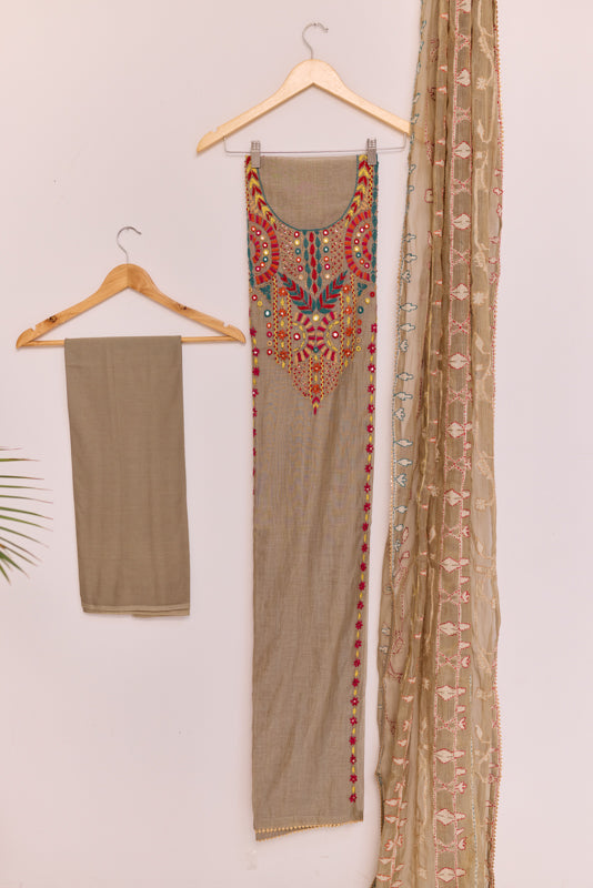 Jamdani Thread &amp; Mirror Hand Embroidered Yoke Unstitched Suit Set