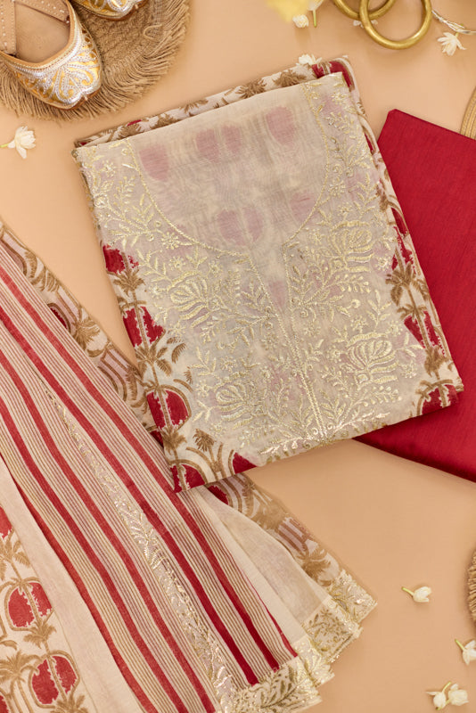 Block Print Foil Embroidery Unstitched Suit Set